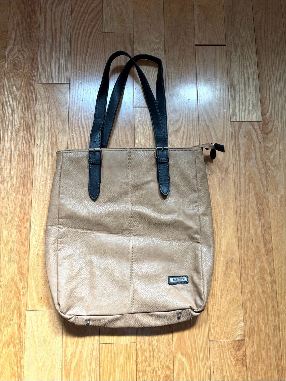 Roots Faux Leather Two-Tone Tote Bag in Tan with Black Straps